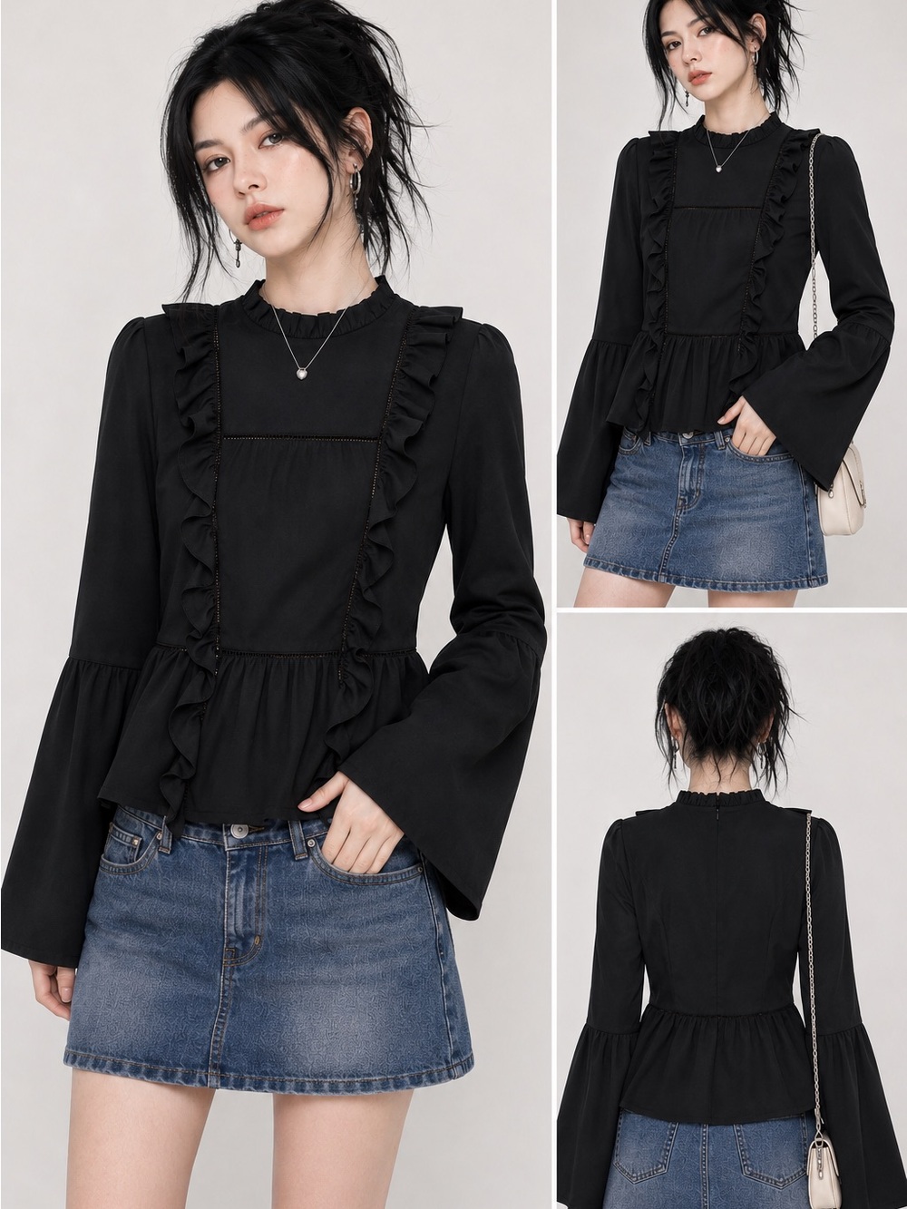Amaryllis Black Ruffle Peplum Bell Sleeve Blouse Victorian M